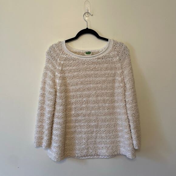 Anthropologie S knit sweater stripe neutral fuzzy knit off-white boho chic cozy - Picture 1 of 7